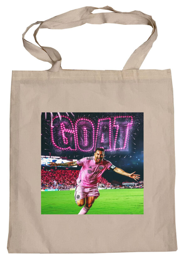 Flag  Lionel Messi GOAT (Inter Miami / MLS) Canvas Tote Bag Reusable For Shoulder / Grocery / Shopping / Vinyl Records 15.5 x 13.5 in (One Sided) (030) Backpacks