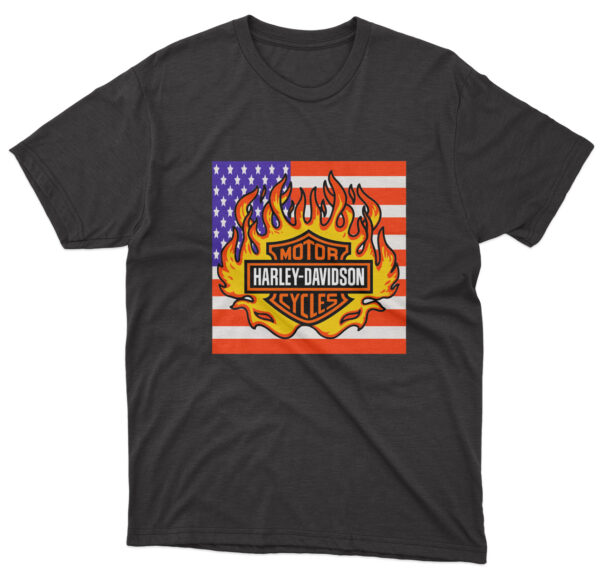 Flag  Harley Davidson & USA Flag Black T-Shirt – Unisex – 100% Cotton – S | M | L | XL | XXL – #0069 Automotive Flags and Banners