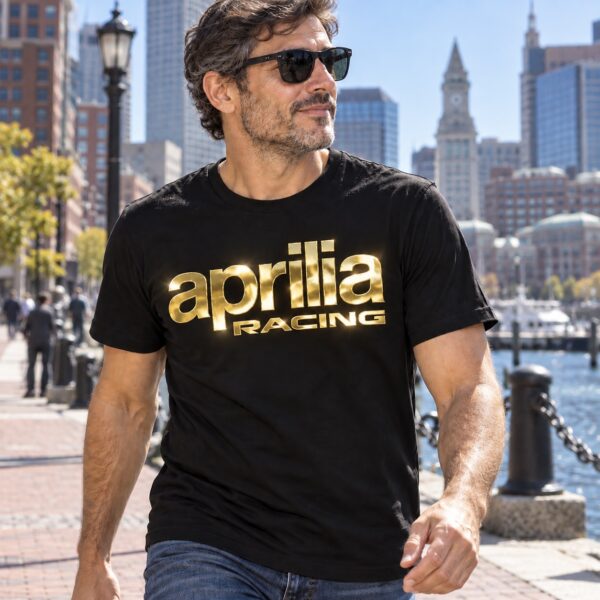 Flag  Aprilia Racing Gold / Black T-Shirt – 100% Premium Cotton – All Sizes Available Silver / Gold Designs (Auto + Moto)