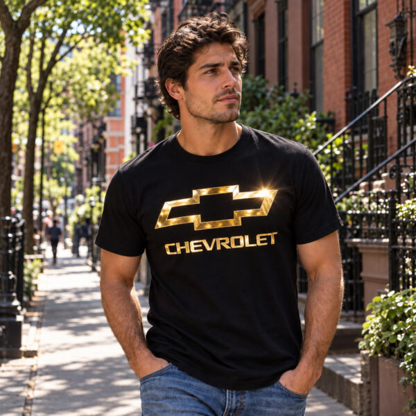 Flag  Chevrolet Gold / Black T-Shirt – 100% Premium Cotton – All Sizes Available Silver / Gold Designs (Auto + Moto)