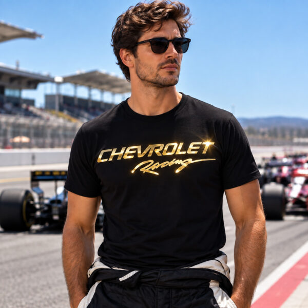 Flag  Chevrolet Racing Gold / Black T-Shirt – 100% Premium Cotton – All Sizes Available Silver / Gold Designs (Auto + Moto)