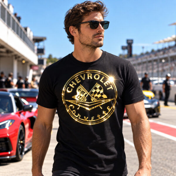 Flag  Corvette Gold / Black T-Shirt – 100% Premium Cotton – All Sizes Available Silver / Gold Designs (Auto + Moto)