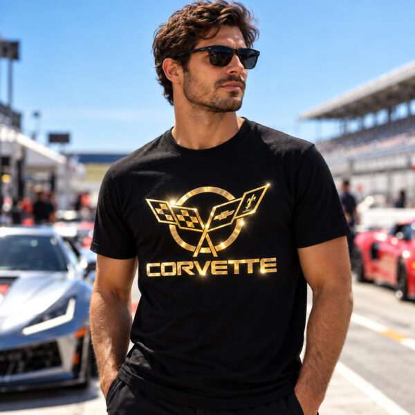 Flag  Chevrolet Corvette C5 Racing Gold / Black T-Shirt – 100% Premium Cotton – All Sizes Available Silver / Gold Designs (Auto + Moto)