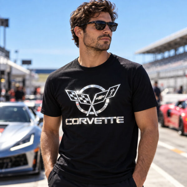 Flag  Chevrolet Corvette C5 Racing Silver / Black T-Shirt – 100% Premium Cotton – All Sizes Available Silver / Gold Designs (Auto + Moto)
