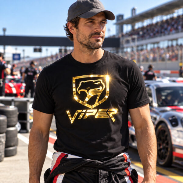Flag  Dodge Viper Sneaky Pete Gold / Black T-Shirt – 100% Premium Cotton – All Sizes Available Silver / Gold Designs (Auto + Moto)