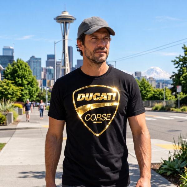 Flag  Ducati Corse Gold / Black T-Shirt – 100% Premium Cotton – All Sizes Available Silver / Gold Designs (Auto + Moto)