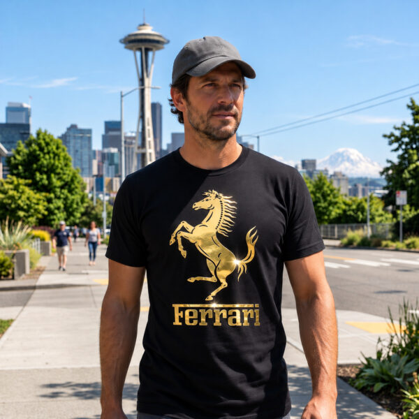 Flag  Ferrari Prancing Horse Gold / Black T-Shirt – 100% Premium Cotton – All Sizes Available Silver / Gold Designs (Auto + Moto)