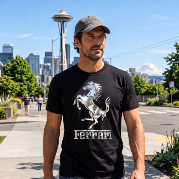 Flag  Ferrari Prancing Horse Gold / Black T-Shirt – 100% Premium Cotton – All Sizes Available Silver / Gold Designs (Auto + Moto)