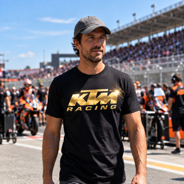 Flag  KTM Racing Gold / Black T-Shirt – 100% Premium Cotton – All Sizes Available Silver / Gold Designs (Auto + Moto)