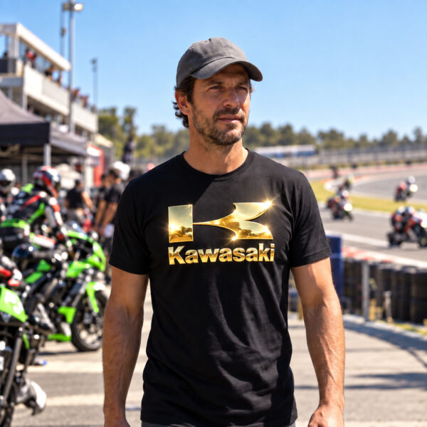 Flag  Kawasaki Gold / Black T-Shirt – 100% Premium Cotton – All Sizes Available Silver / Gold Designs (Auto + Moto)