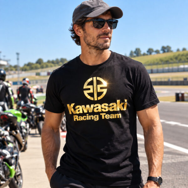 Flag  Kawasaki Racing Team Gold / Black T-Shirt – 100% Premium Cotton – All Sizes Available Silver / Gold Designs (Auto + Moto)