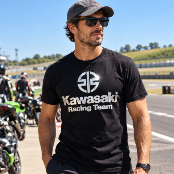 Flag  Kawasaki Racing Team Silver / Black T-Shirt – 100% Premium Cotton – All Sizes Available Silver / Gold Designs (Auto + Moto)
