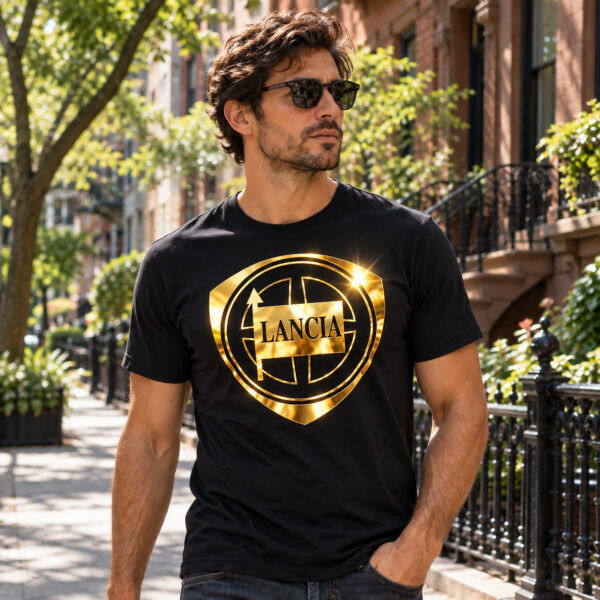 Flag  Lancia Racing Team Gold / Black T-Shirt – 100% Premium Cotton – All Sizes Available Silver / Gold Designs (Auto + Moto)