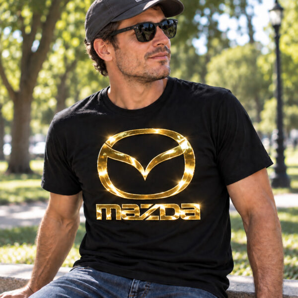 Flag  Mazda Gold / Black T-Shirt – 100% Premium Cotton – All Sizes Available Silver / Gold Designs (Auto + Moto)