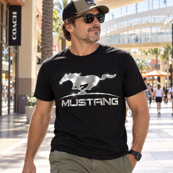 Flag  Mustang GT (Ford) Silver / Black T-Shirt – 100% Premium Cotton – All Sizes Available Silver / Gold Designs (Auto + Moto)