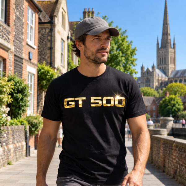 Flag  Mustang Shelby GT 500 (Ford) Gold / Black T-Shirt – 100% Premium Cotton – All Sizes Available Silver / Gold Designs (Auto + Moto)