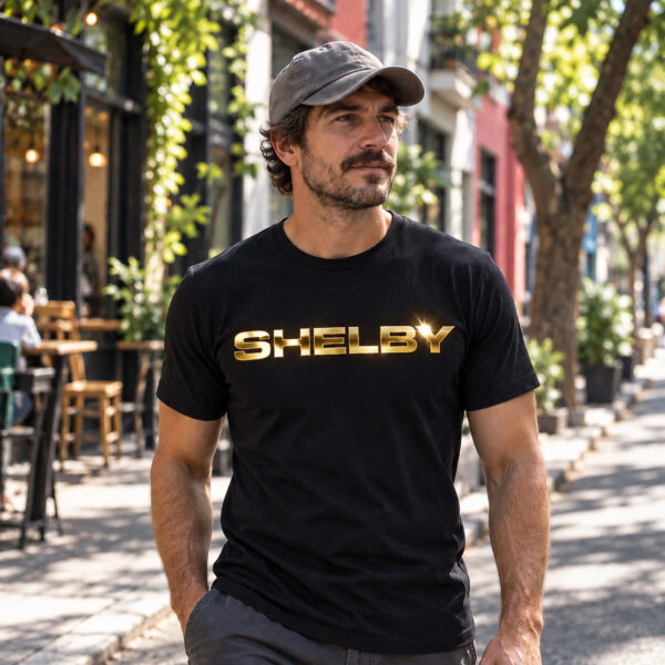 Flag  Mustang Shelby (Ford) Gold / Black T-Shirt – 100% Premium Cotton – All Sizes Available Silver / Gold Designs (Auto + Moto)