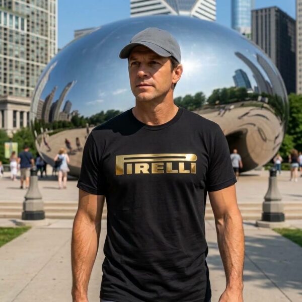 Flag  Pirelli Gold / Black T-Shirt – 100% Premium Cotton – All Sizes Available Silver / Gold Designs (Auto + Moto)