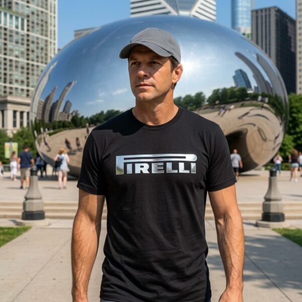 Flag  Pirelli Silver / Black T-Shirt – 100% Premium Cotton – All Sizes Available Silver / Gold Designs (Auto + Moto)