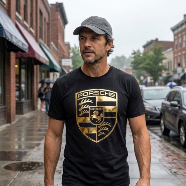 Flag  Porsche Gold / Black T-Shirt – 100% Premium Cotton – All Sizes Available Silver / Gold Designs (Auto + Moto)