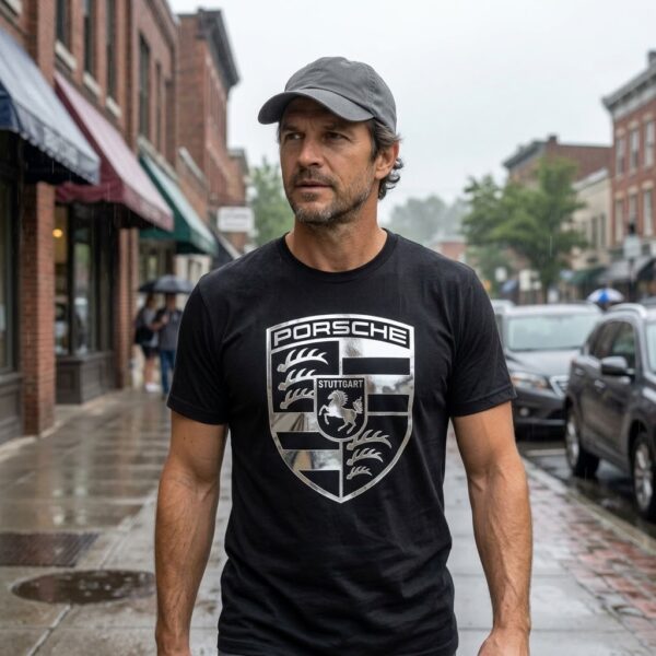 Flag  Porsche Silver / Black T-Shirt – 100% Premium Cotton – All Sizes Available Silver / Gold Designs (Auto + Moto)