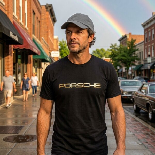 Flag  Porsche Gold / Black T-Shirt – 100% Premium Cotton – All Sizes Available Silver / Gold Designs (Auto + Moto)