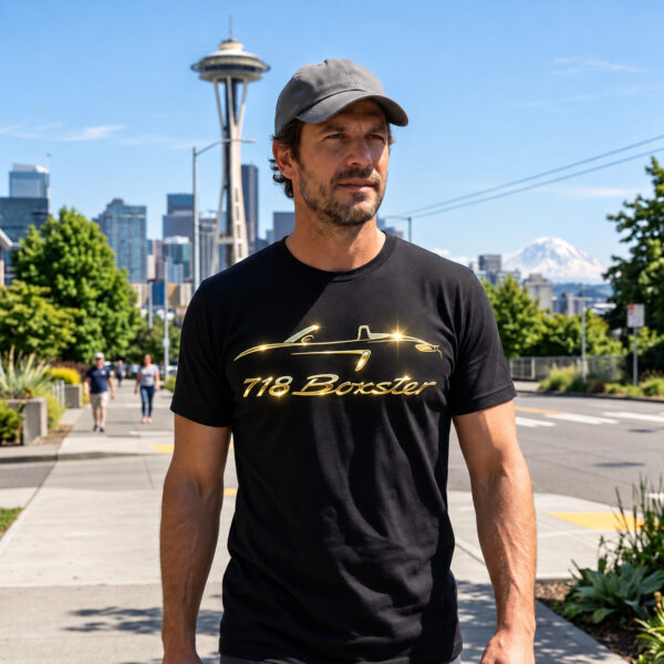Flag  Porsche 718 Boxter Gold / Black T-Shirt – 100% Premium Cotton – All Sizes Available Silver / Gold Designs (Auto + Moto)