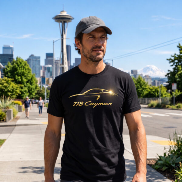 Flag  Porsche 718 Cayman Gold / Black T-Shirt – 100% Premium Cotton – All Sizes Available Silver / Gold Designs (Auto + Moto)