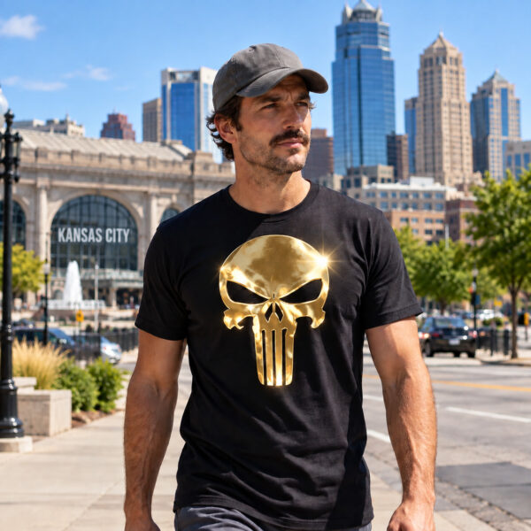 Flag  Punisher Gold / Black T-Shirt – 100% Premium Cotton – All Sizes Available Silver / Gold Designs (Everything Else)