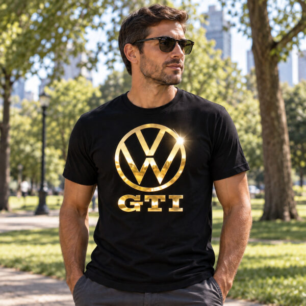 Flag  Volkswagen GTI Gold / Black T-Shirt – 100% Premium Cotton – All Sizes Available Silver / Gold Designs (Auto + Moto)
