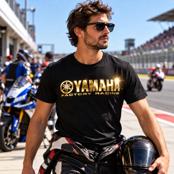 Flag  Yamaha Factory Racing Gold / Black T-Shirt – 100% Premium Cotton – All Sizes Available Silver / Gold Designs (Auto + Moto)